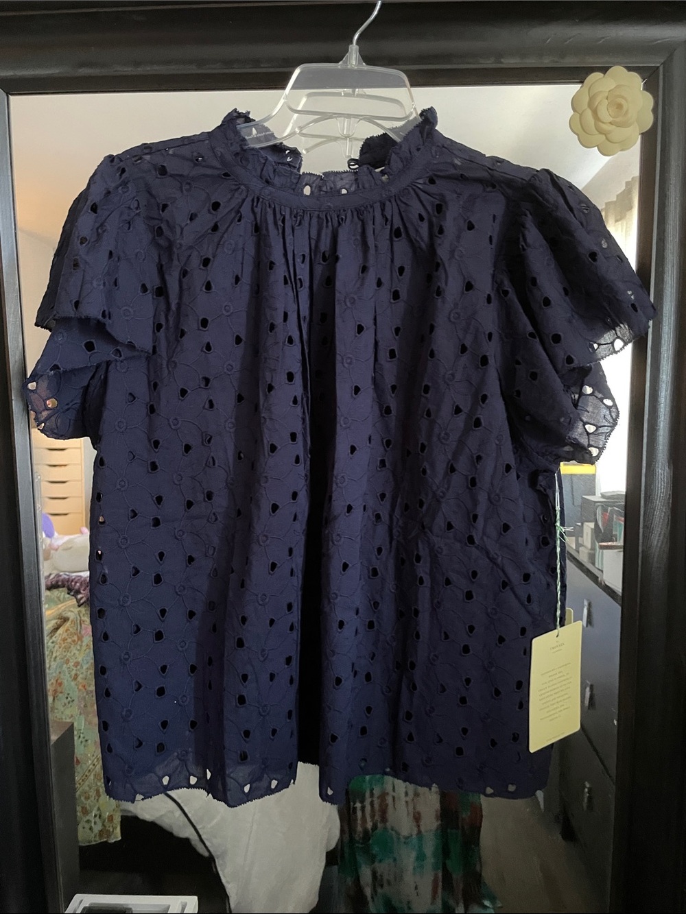 Trovata Navy Eyelet Ruffled Neck Blouse